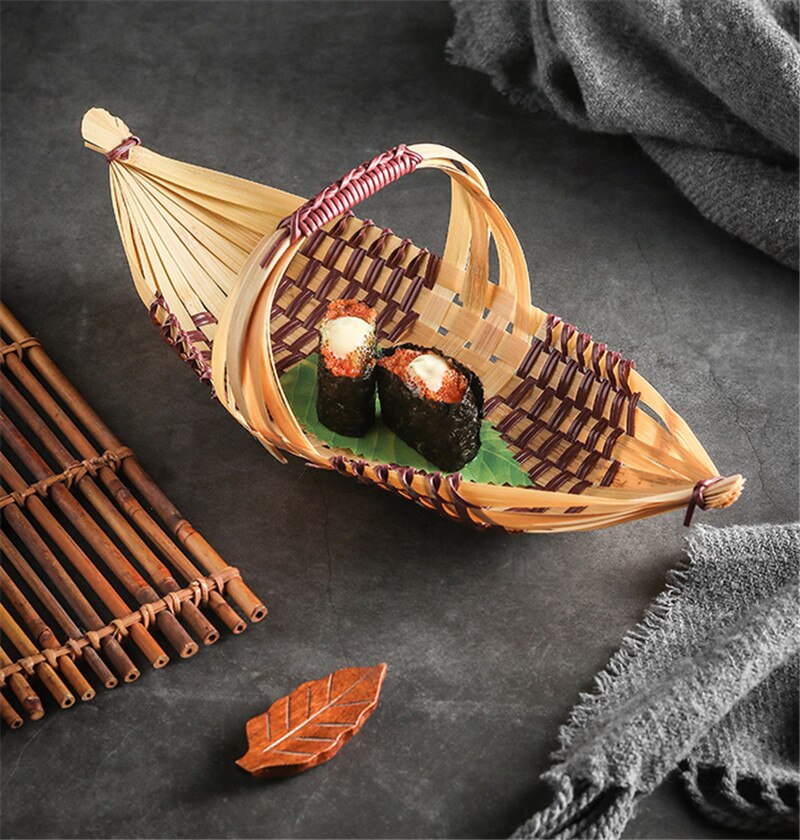 Japansk bambus bento sushi sjømatte båt vevde produkter håndlagde bambus kurv gårdsservise sashimi tallerken dekorasjon