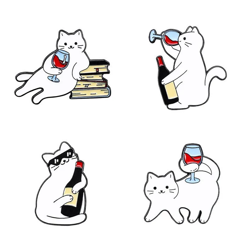 4 stks/set Cartoon Rode Wijn Kat Emaille Badges Boek Zonnebril Leuke Whiskey Witte Kat Metalen Pinnen Voor Rugzak Hoed Punk Revers broche: Default Title