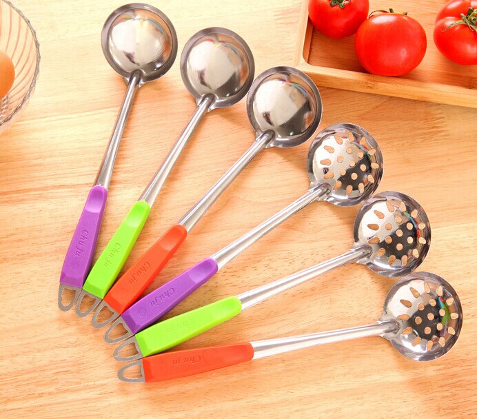 Colorful handle stainless steel spoon stirring kitchen soup can be hanging colander pot spoon kitchen accessories cooking tools