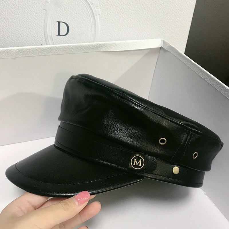 Boina mujer Otoño Invierno sombreros para las señoras de las mujeres 100% de cuero de la Pu de la Boina gorra Boina femenina Gorras hueso Vintage Inglaterra negro
