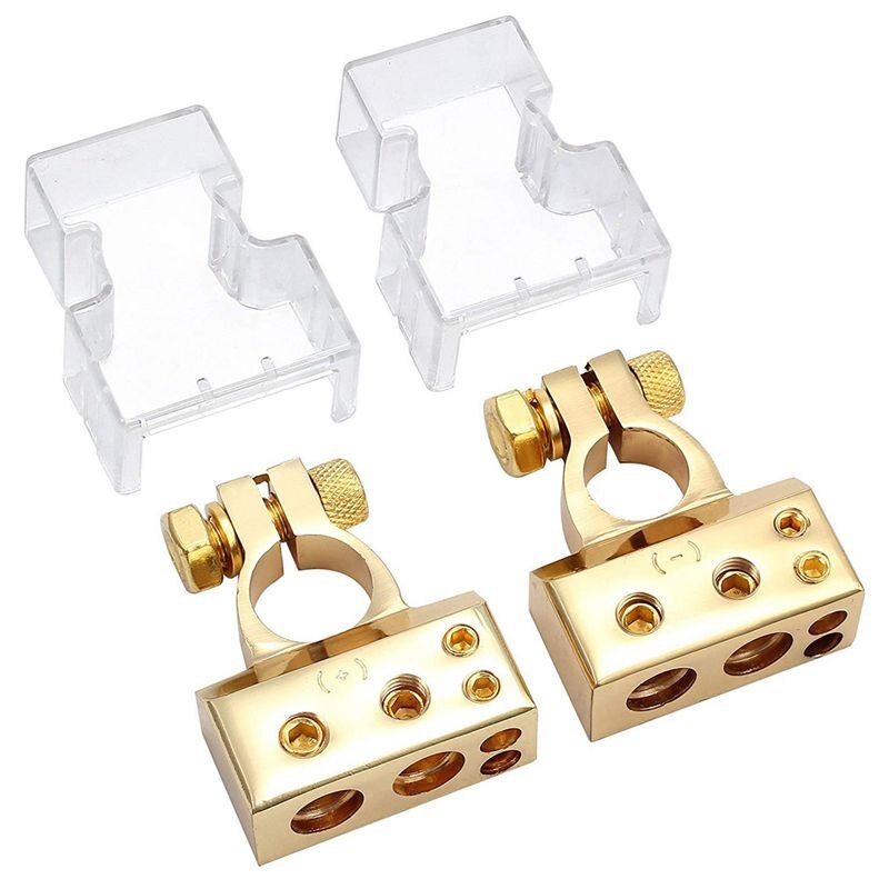 2PCS Car Battery Terminal Connectors Kit 4/8 Gauge AWG Positive & Negative Chrome Battery Terminals & Clear Covers: Default Title