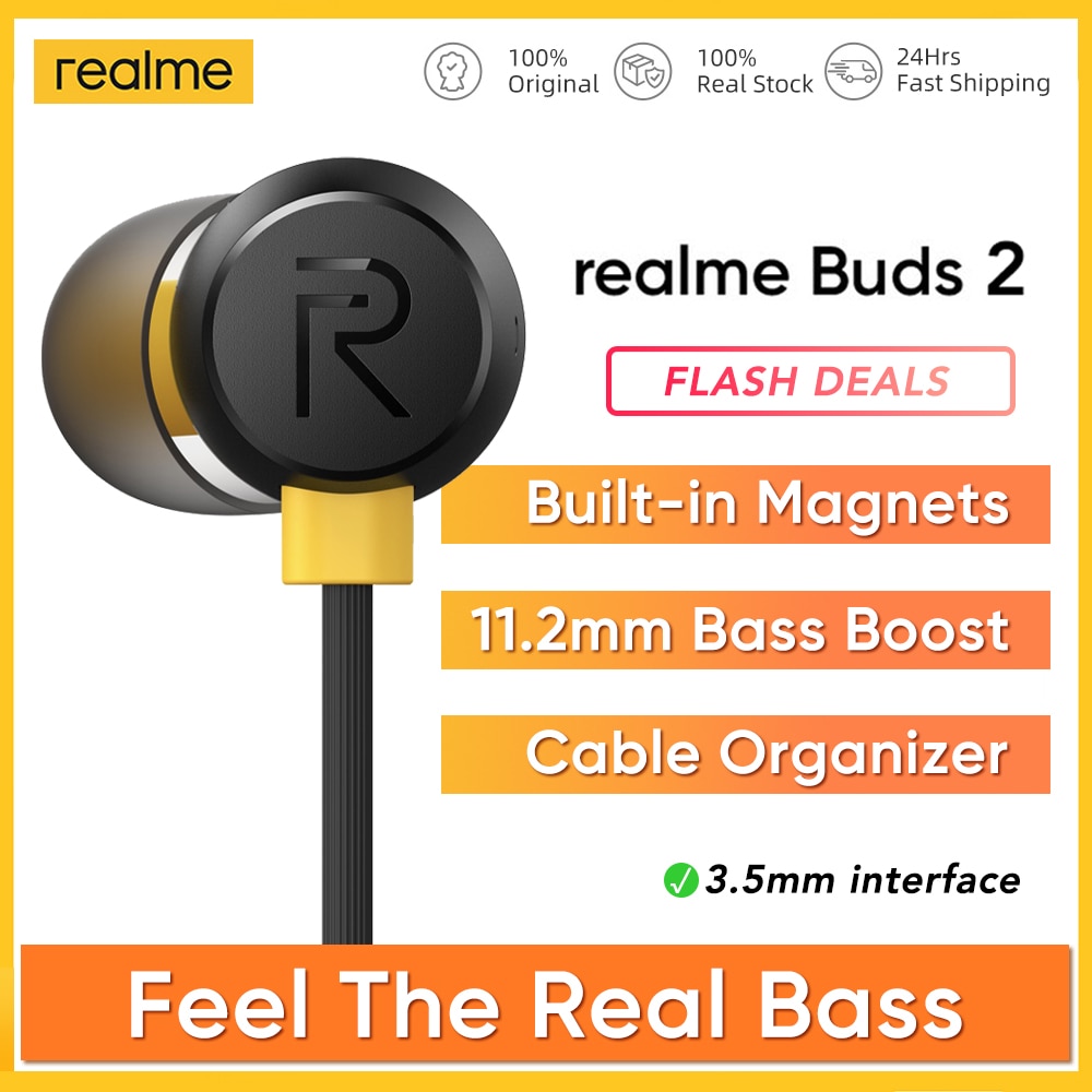 Realme Knoppen 2 Earbus Oortelefoon Hoofdtelefoon 11.2Mm Bass Boost Driver Dual Magneten Kabel Organizer Drie Knop Afstandsbediening Eenvoudig Controle