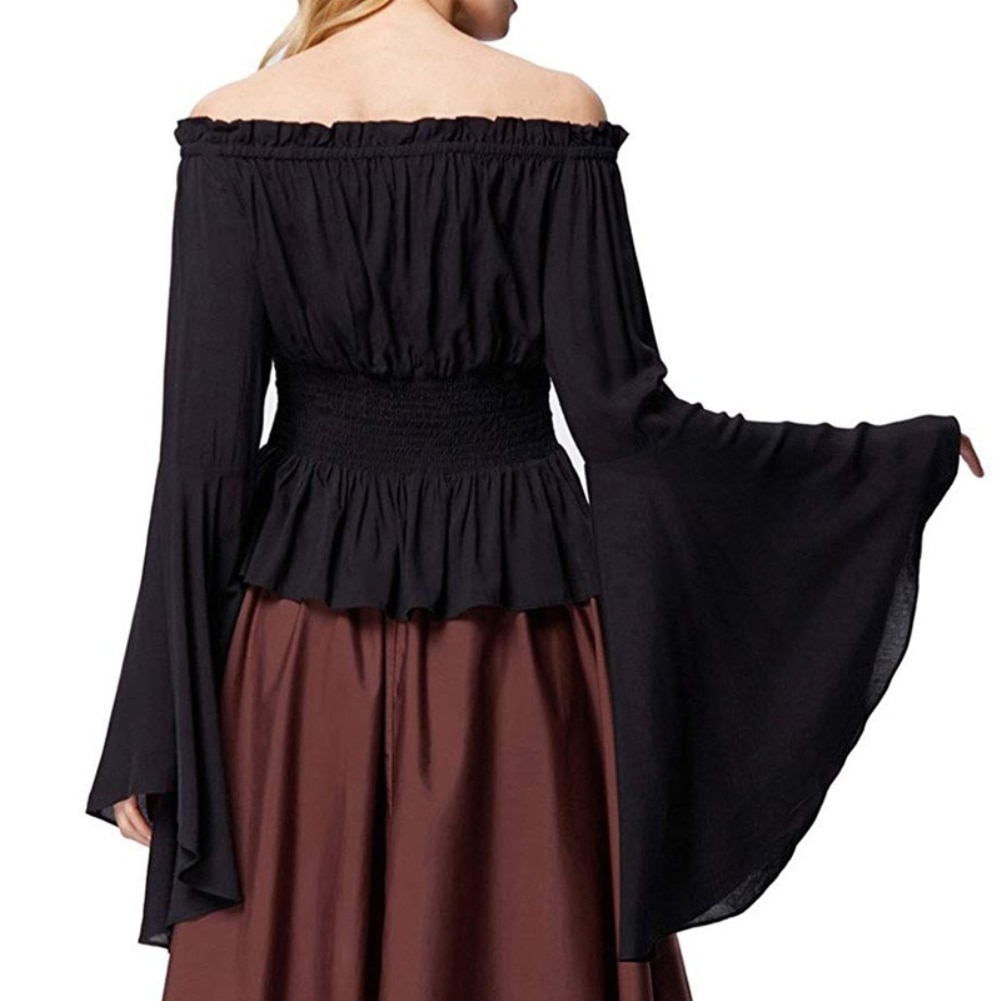 Women Medieval Renaissance Solid Color Bell Sleeve Ruffled Off Shoulder Blouse for Halloween