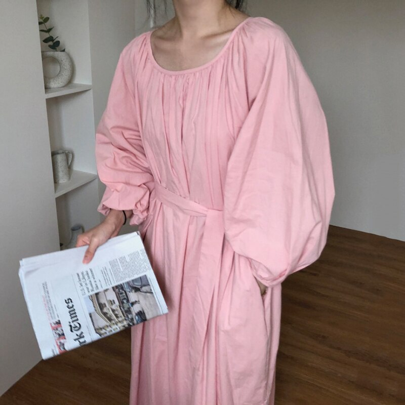 Superaen estilo coreano outono sólido o pescoço plissado laço-up cintura abraçando-bolso tornozelo comprimento longo lanterna manga vestido feminino