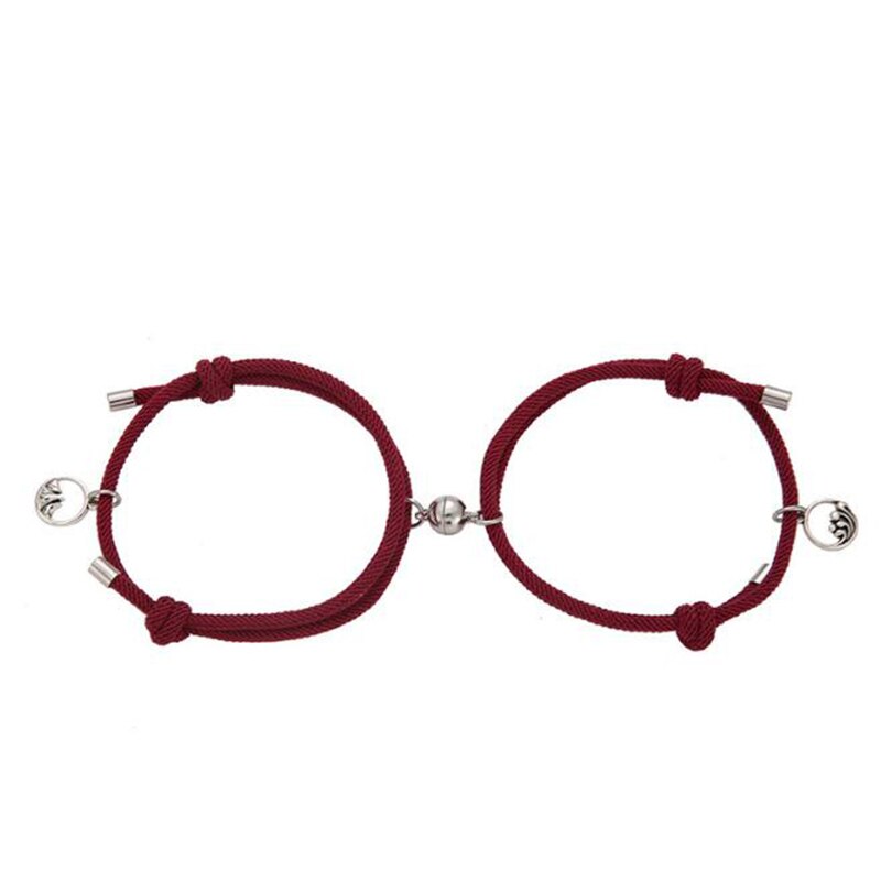 Conjunto de 2 unidades de pulseras para parejas, brazaletes para parejas, Brazalete de cuerda trenzada, imán , distancia,: Wine Red