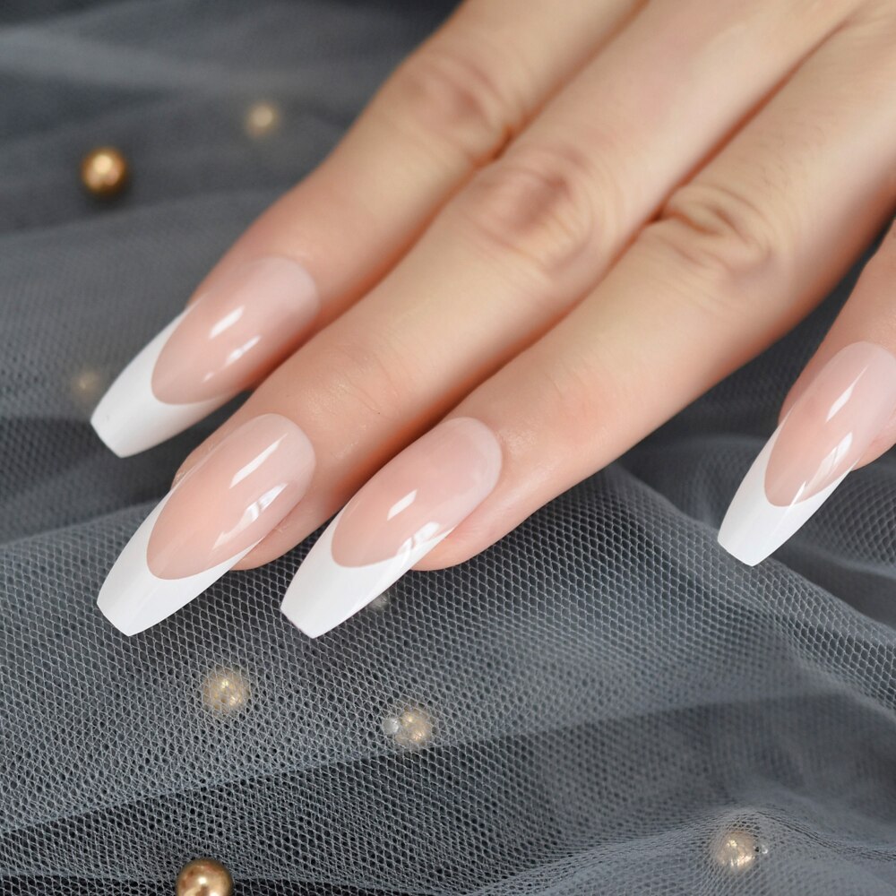 Lång glänsande fransk nagel naturlig naken helskydd plast konstgjorda naglar diy nageltips manikyr ballerina naglar