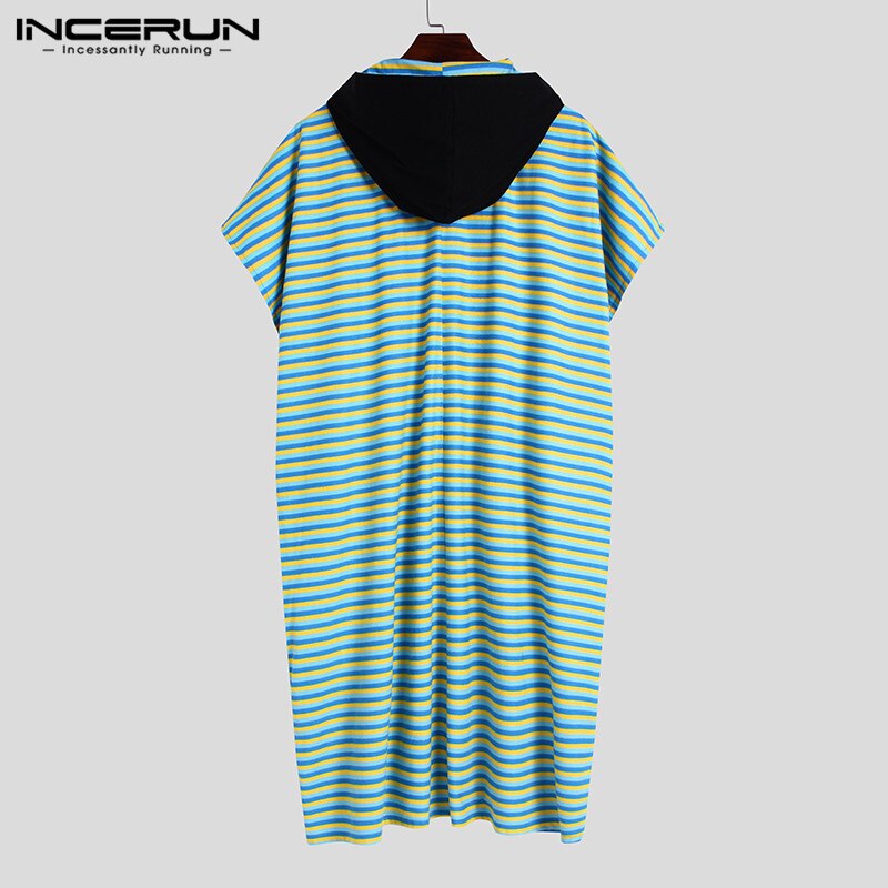 Man Patchwork Slaap Gewaden Mens Casual Badjassen Korte Mouw Hooded Nachtjapon Leisure Zakken Ademend Homewear Incerun S-5XL