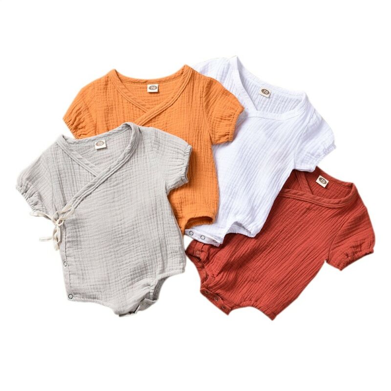 Barboteuse unie à manches courtes pour -né garçon et fille, combinaison en coton à lacets, tenue de soleil, vêtements, 4 couleurs, 0-18M