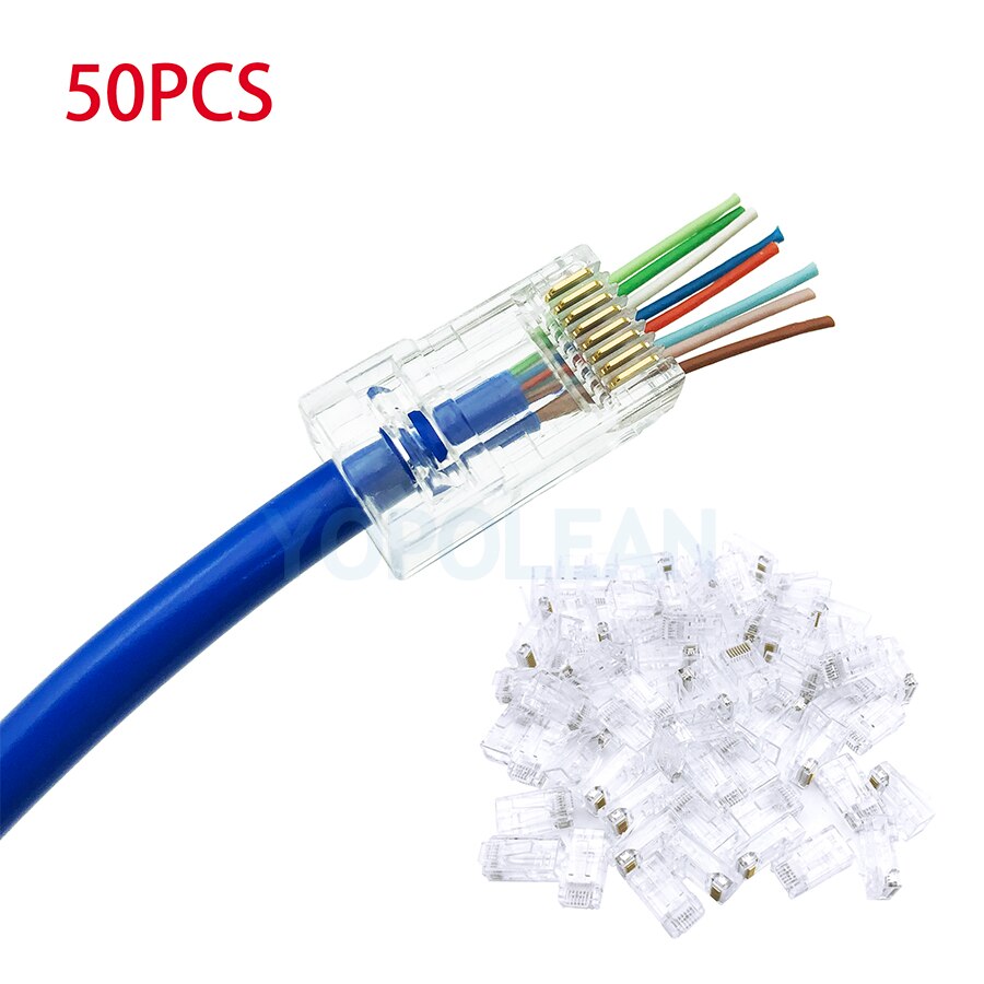 50pcs/Lot RJ45 Cat 5E Cat 6 Network Modular Plug 8P8C CAT5E CAT6 Ethernet Cable Connector Gold Plated Pass Through