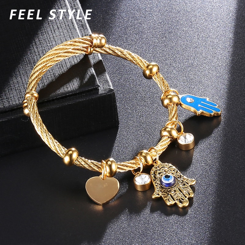 Turkish Lucky Fatima Hand Evil Eye Heart Adjustable Bracelets For Women Stainless Steel Jewelry