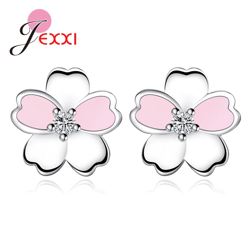 Nieuwkomers Kersenbloesems Bloem Ketting Oorbellen 925 Sterling Zilver Roze Glazuur Sakura Sieraden Sets Voor Mooie Dame: Earrings