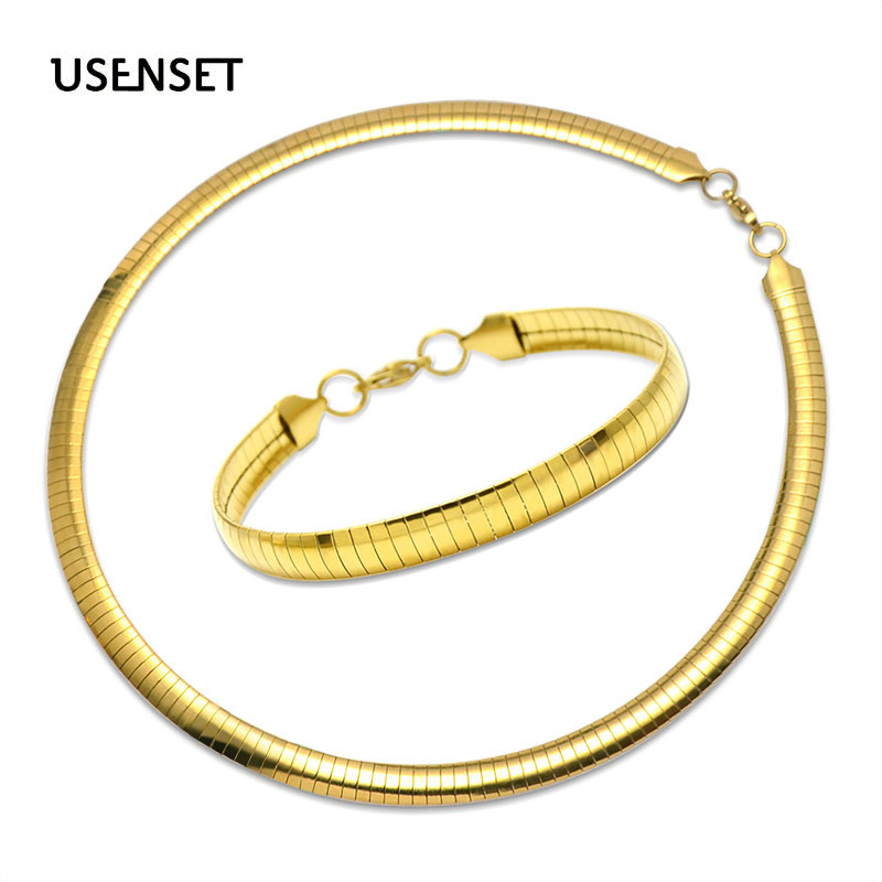 USENSET, Collar con dije para mujer, joyería, Collar de acero inoxidable, Gargantilla, Torques, cadena de serpiente, brazalete, conjunto de para niñas de 4 a 8MM