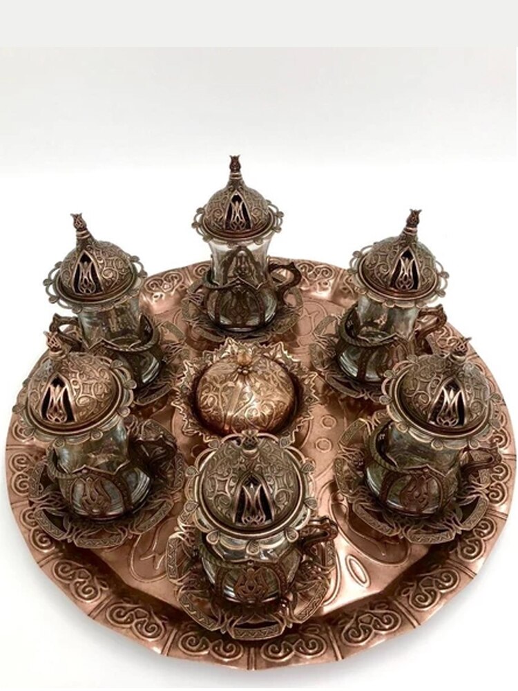 Rustik Tea Set - Tulip Pattern 6 Piece Tea Set - stainless metal - 100% Copper - handmade -
