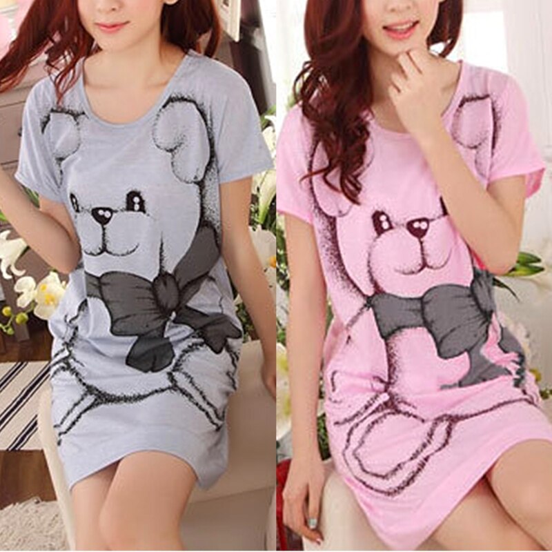 Zomer Vrouwen Nightgowns Korte Mouw Jurk Leuke Cartoon Beer Gedrukt Nachtkleding 19QF