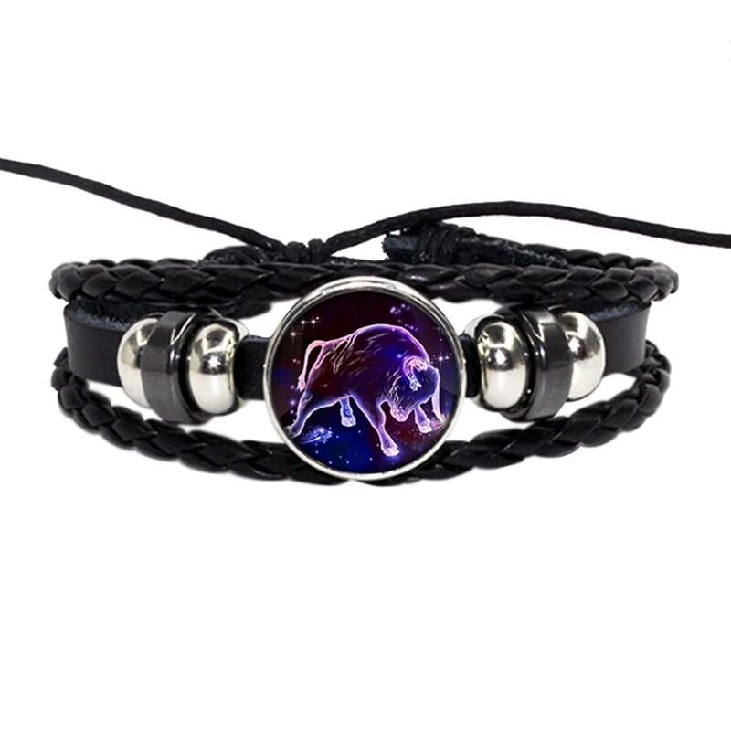 Luminosos 12 signos del zodiaco pulsera que brillan en la constelación oscura cabujón de cristal botón a presión pulseras de cuero de cumpleaños: 1-Taurus