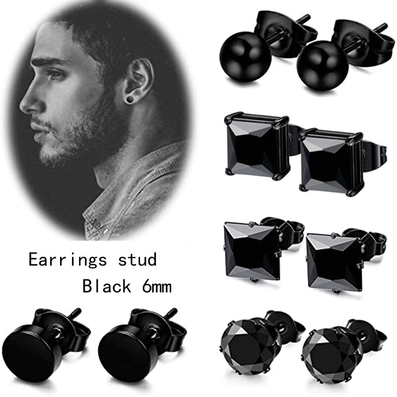 10 Pairs of Stainless Steel Stud Earrings Unisex Round CZ Earring Set Steel Color Black 6mm