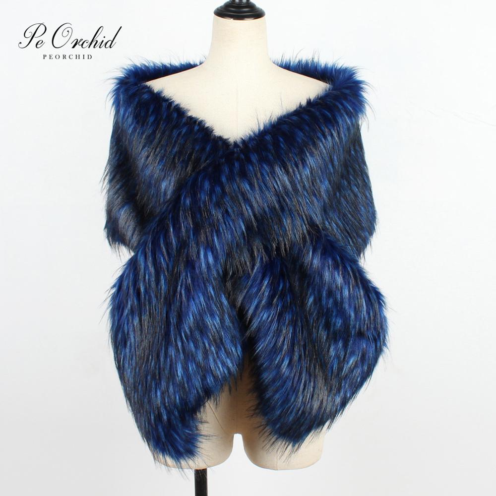 PEORCHID Blue Faux Fur Wedding Shrug Bolero Bridal Shawls And Wraps Stola Elegante Donna Red Women Party Winter Wedding Cape