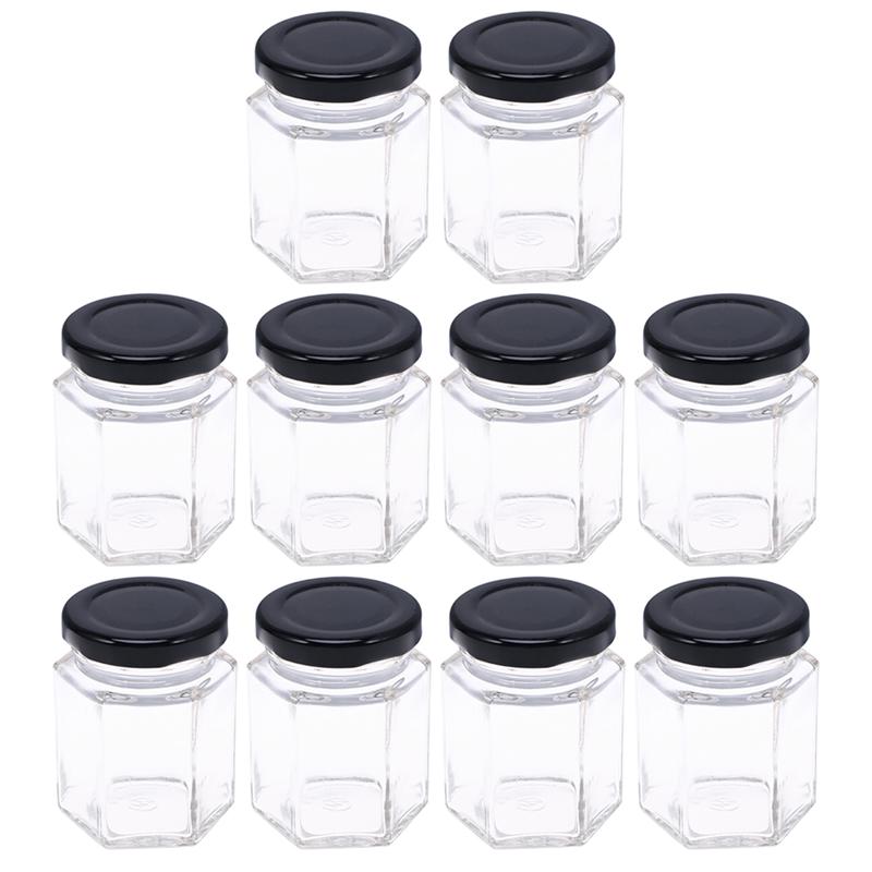 10pcs Hexagon Transparent Glass Bottle Honey Storage Bottle Empty Jar Nut Sugar Canister Tank For Home Kitchen: 45ml