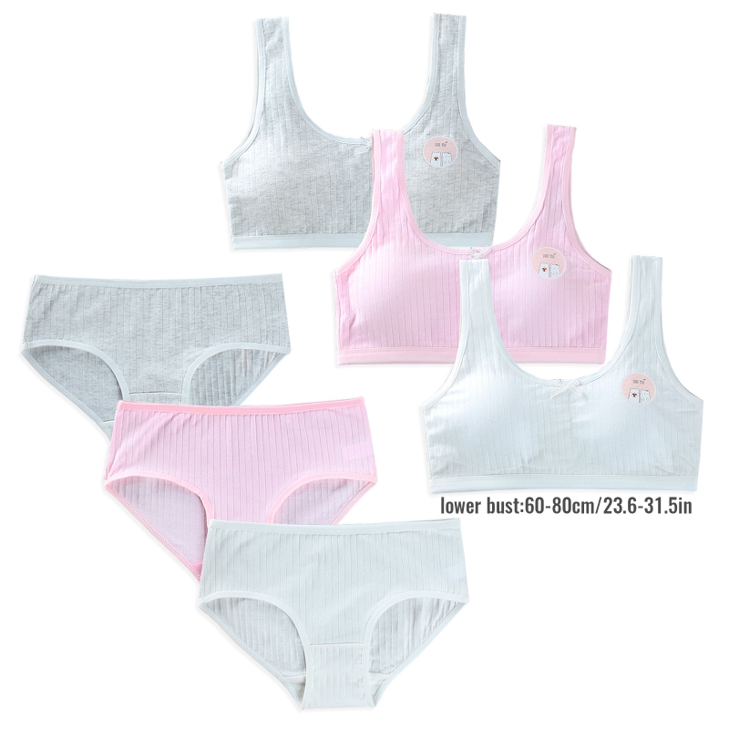 Set di biancheria intima sportiva per ragazze 2 pezzi per adolescenti a costine con stampa a orso carino dolce Bowknot imbottito reggiseno da allenamento senza fili e abbinamento ciao