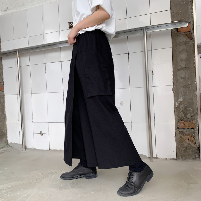 Pantalones de lino y algodón de estilo japonés para hombre, falda de pierna ancha, informal, ropa de calle, Estilo Vintage, Kimono gótico, ropa de escenario