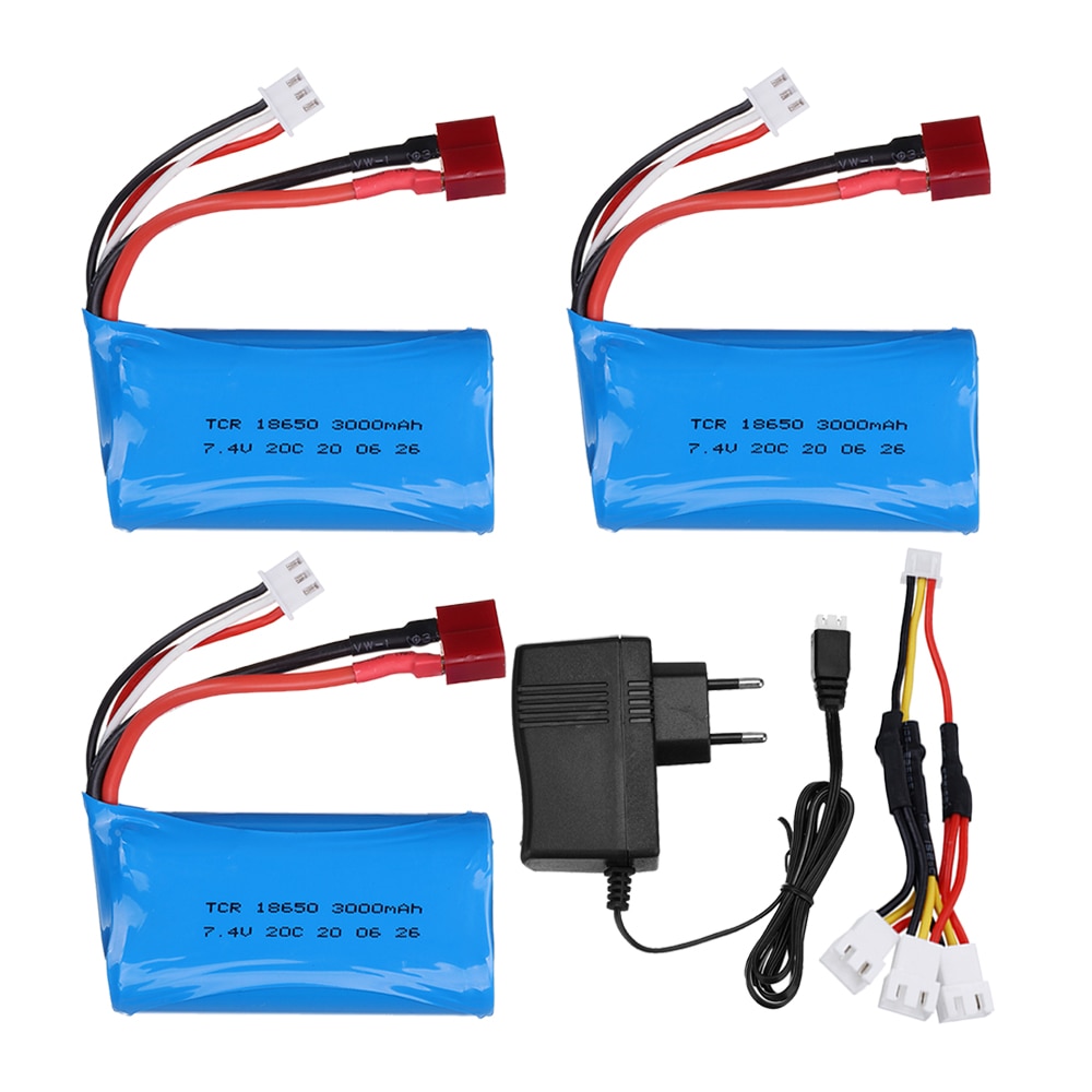 7.4V 3000MAH 18650 lipo Battery 20C 2S for Q46 Wltoys 10428 12428 12429 12423 FY-03 RC Car Parts charger 7.4 V 3000 MAH battery: 3pcs EU 3in1