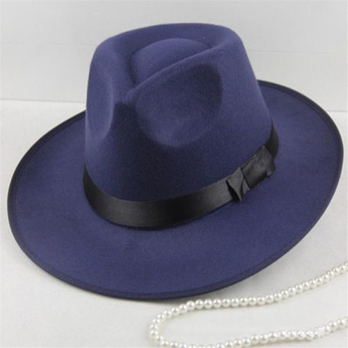 Summer Hat Sun Visor Men Women Hard Felt Wide Brim Fedora Panama Hat Autumn Vintage Cap: Navy