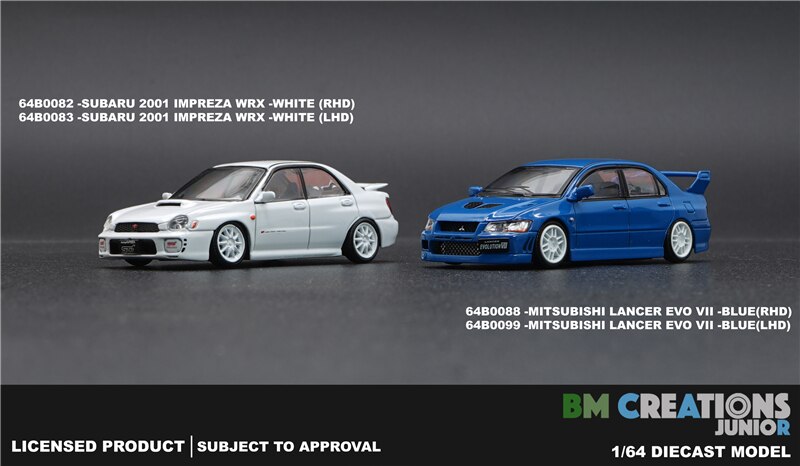 Modelo de coche BM Creation 1:64 Subaru Impreza 2001 WRX, RHD, blanco, fundido a presión