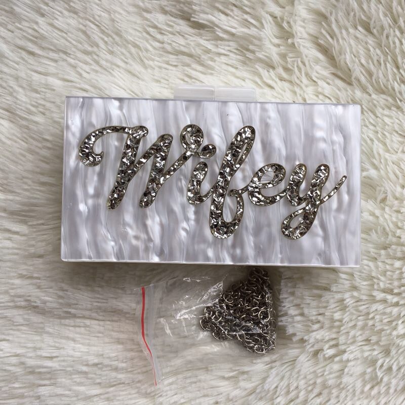 Pearl White Gold Glitter Name Wifey Letter Acrylic Box Clutches Women Brand Shoulder Evening Party Lady Summer Beach Acrylic Bag: Blue