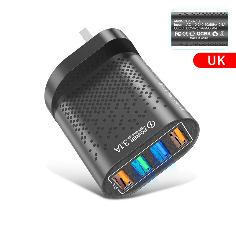 USLION 48W ładowarka USB szybkie ładowanie QC 3.0 ściana ładowanie dla iPhone 12 11 Samsung Xiaomi Mobile 4 porty ue usa wtyczka Adapter podróży: Black UK