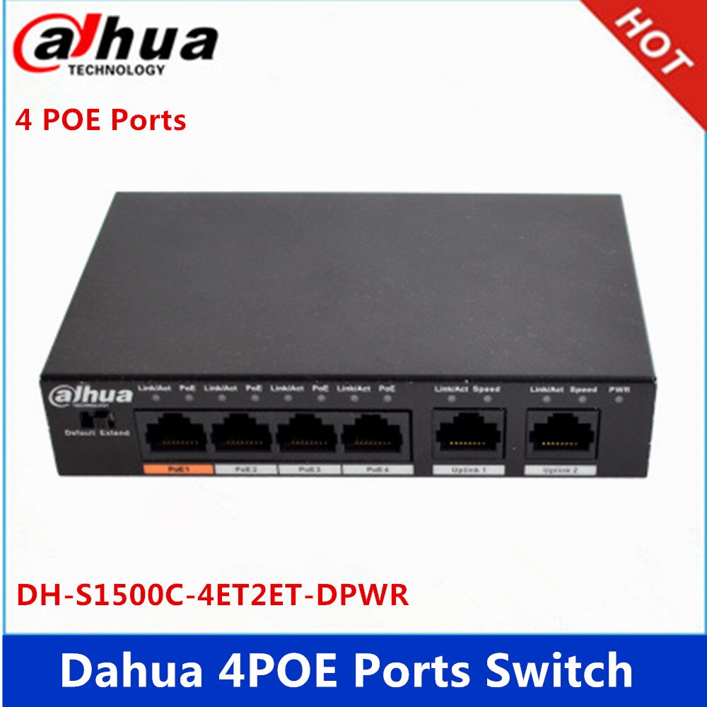 Dahua 4ch PoE Switch DH-S1500C-4ET2ET-DPWR 4CH Ethernet Switch met 250m Power Transit Afstand Ondersteuning PoE PoE + & Hi -PoE Protocol