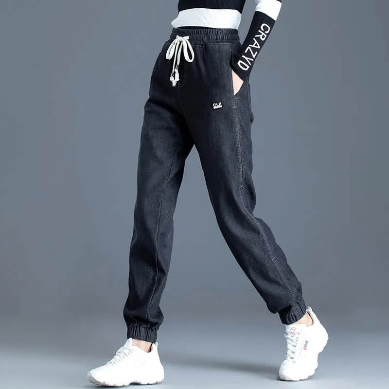 Casual Trekkoord Jogger Jeans Vrouwen Elastische Hoge Taille Boyfriend Harem Vaqueros Enkel Lengte Streetwear Oversized 34 Denim Broek: 29 / GRIJS