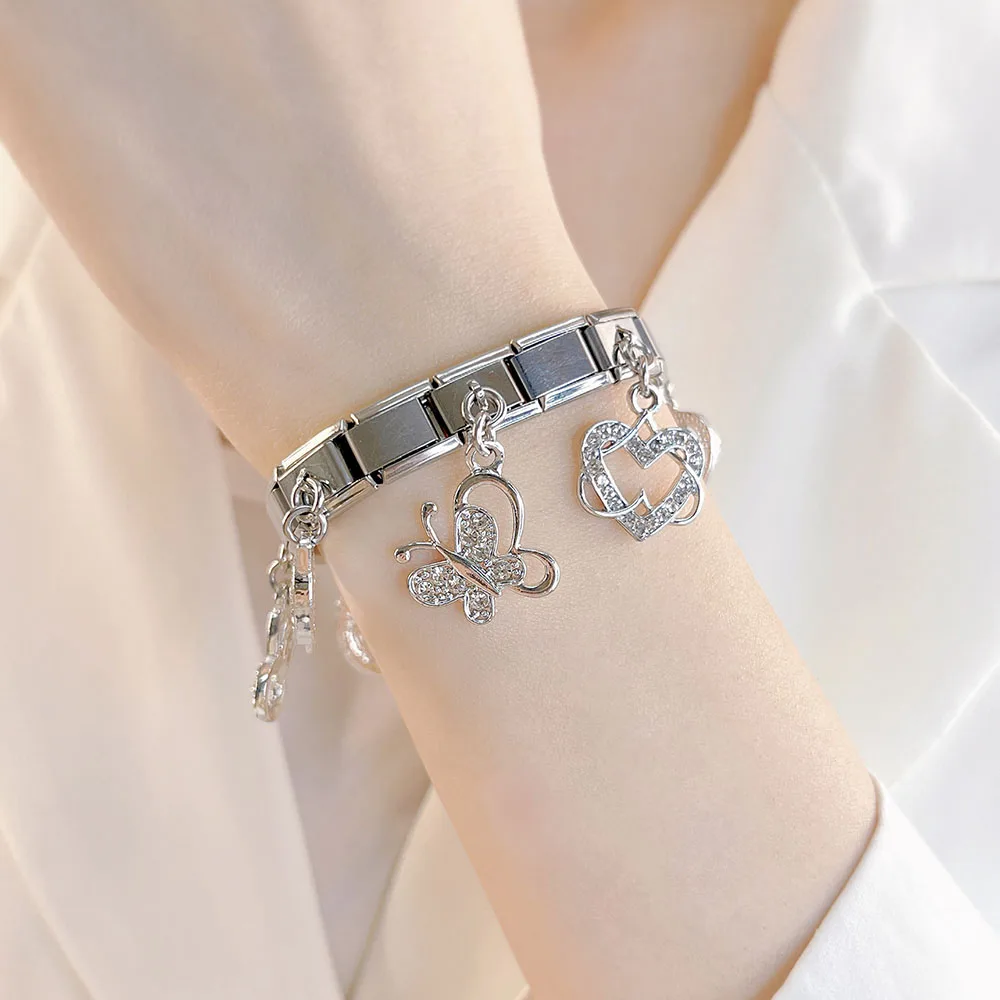 Hapiship Romantic Heart Cherry Shiny CZ Italian Charm Link Fit 9mm Bracelet Stainless Steel Making DIY Jewelry DJ605
