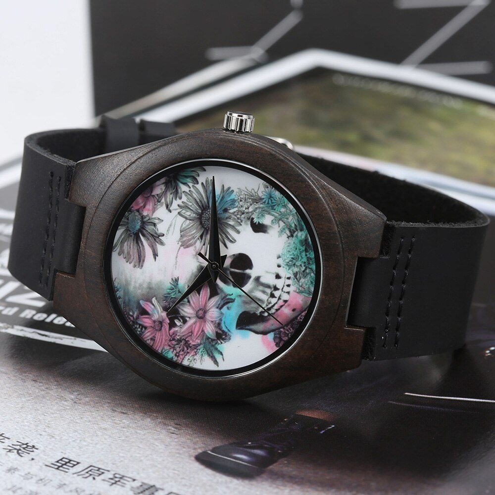 Relojes analógicos de madera para hombre y mujer, Reloj de pulsera de cuarzo con único de calavera, correa de cuero cómoda