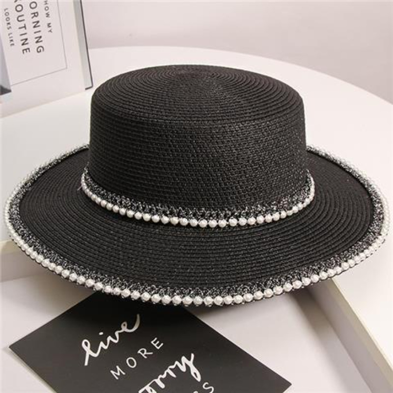 Sombrero panamá de paja con cadena de perlas de verano para mujer, gorra plana Anti-UV de ala ancha para el sol, accesorio de playa para niña Chapeu Girl Topee: Negro