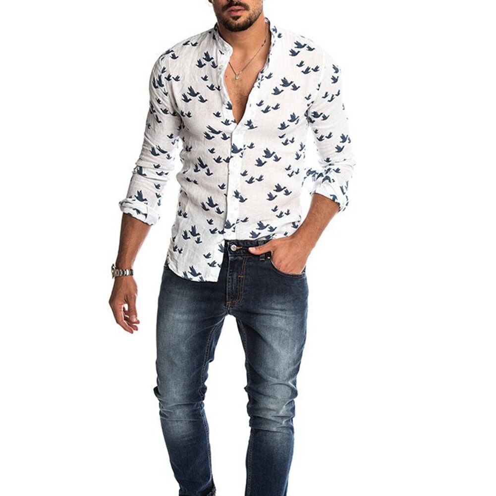 Camisa de manga larga con botones y estampado de Paloma para hombre, ropa informal ajustada de lino, primavera y otoño