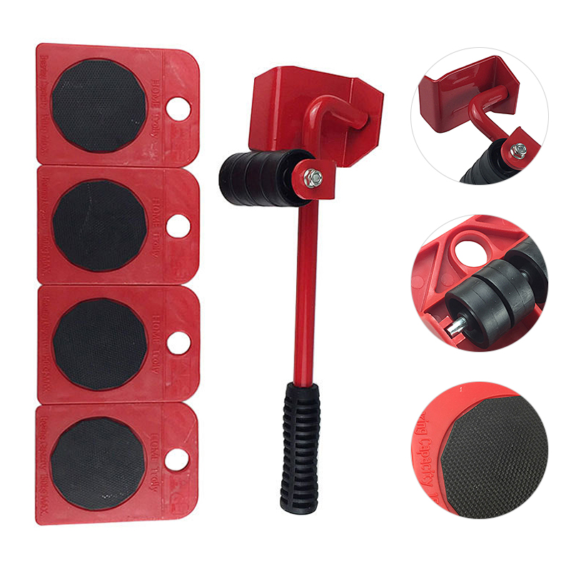 5Pcs Furniture Transport Lifter Tool Set Heavy Stuffs Moving Hand Tools Set Wheel Bar Mover Device Max Up For 100Kg/220Lbs