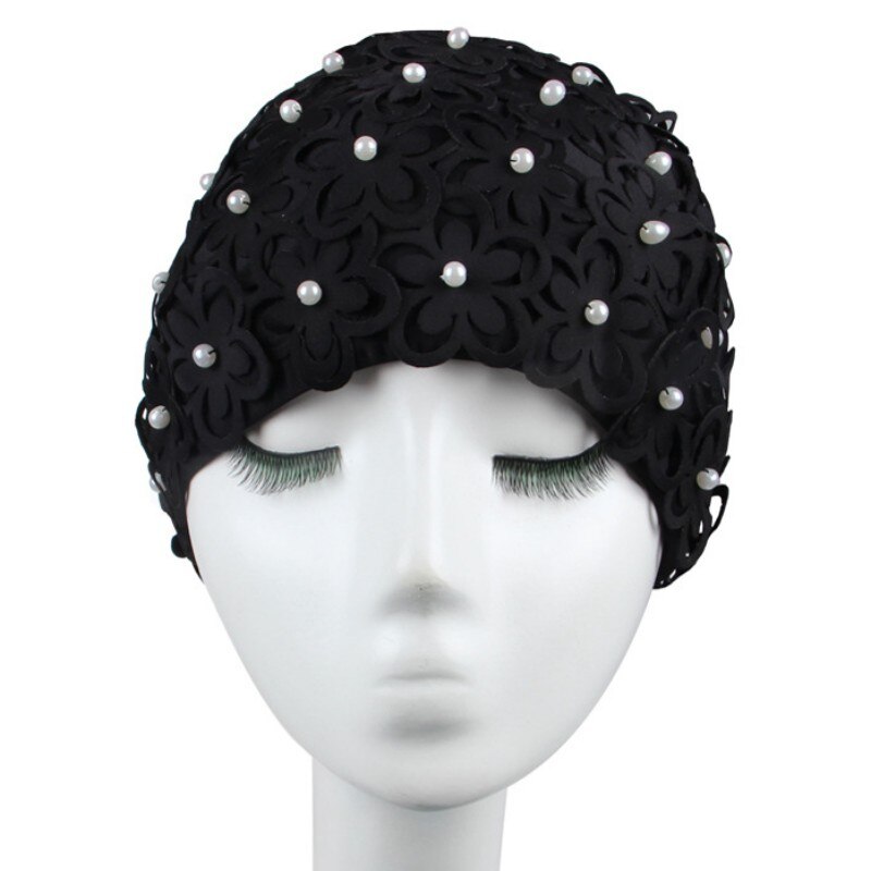 Oorbescherming voor dames, badmuts, handgemaakt, waterdicht, elastisch, badmuts met bloemblaadjes, voor dames met lang haar.: Zwart