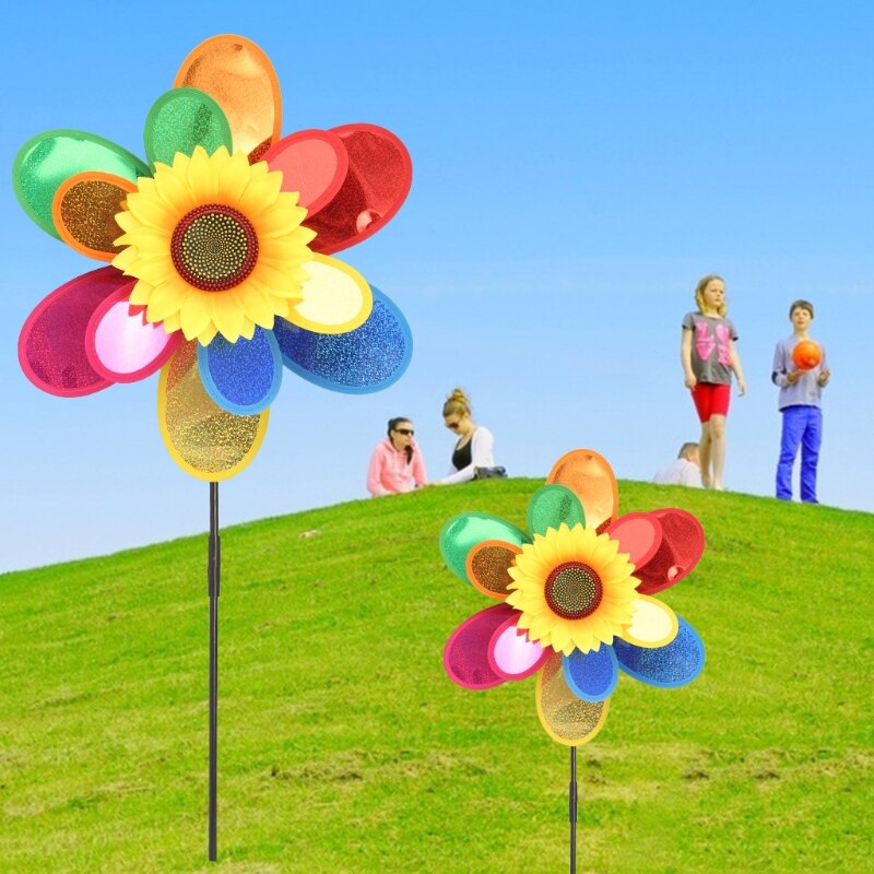 Pailletten Dubbele Laag Zonnebloem Windmolen Wind Spinner Huis Tuin Yard Decoratie