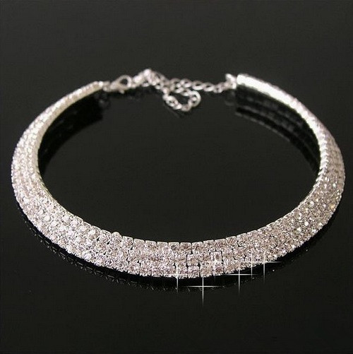 Gargantilla de cadena con cuello de cristal de Color plateado brillante para mujer, Gargantilla con diamantes de imitación para de boda, de joyería: Bañado en rodio de imitación