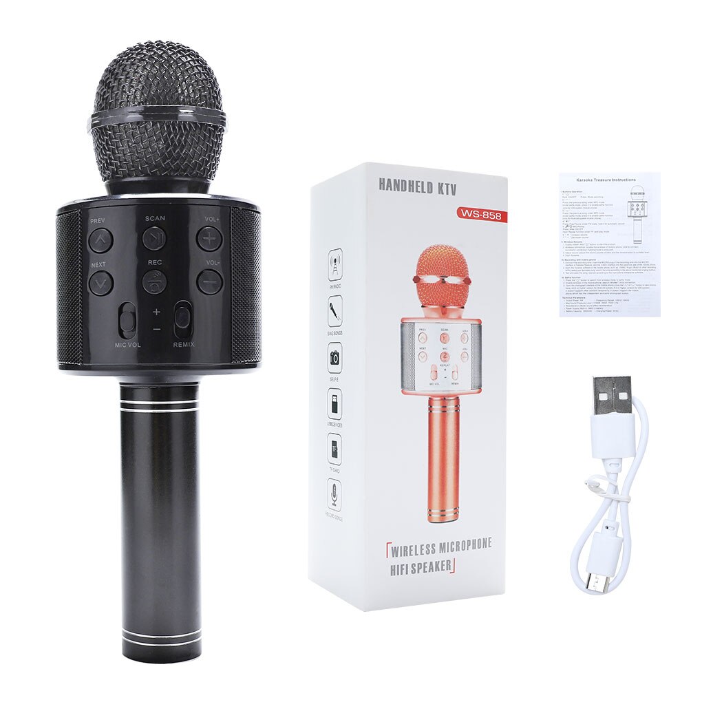 WS858 Bluetooth sans fil Microphone haut-parleur Microphone à main karaoké micro KTV lecteur de musique enregistreur de chant: Microphone black