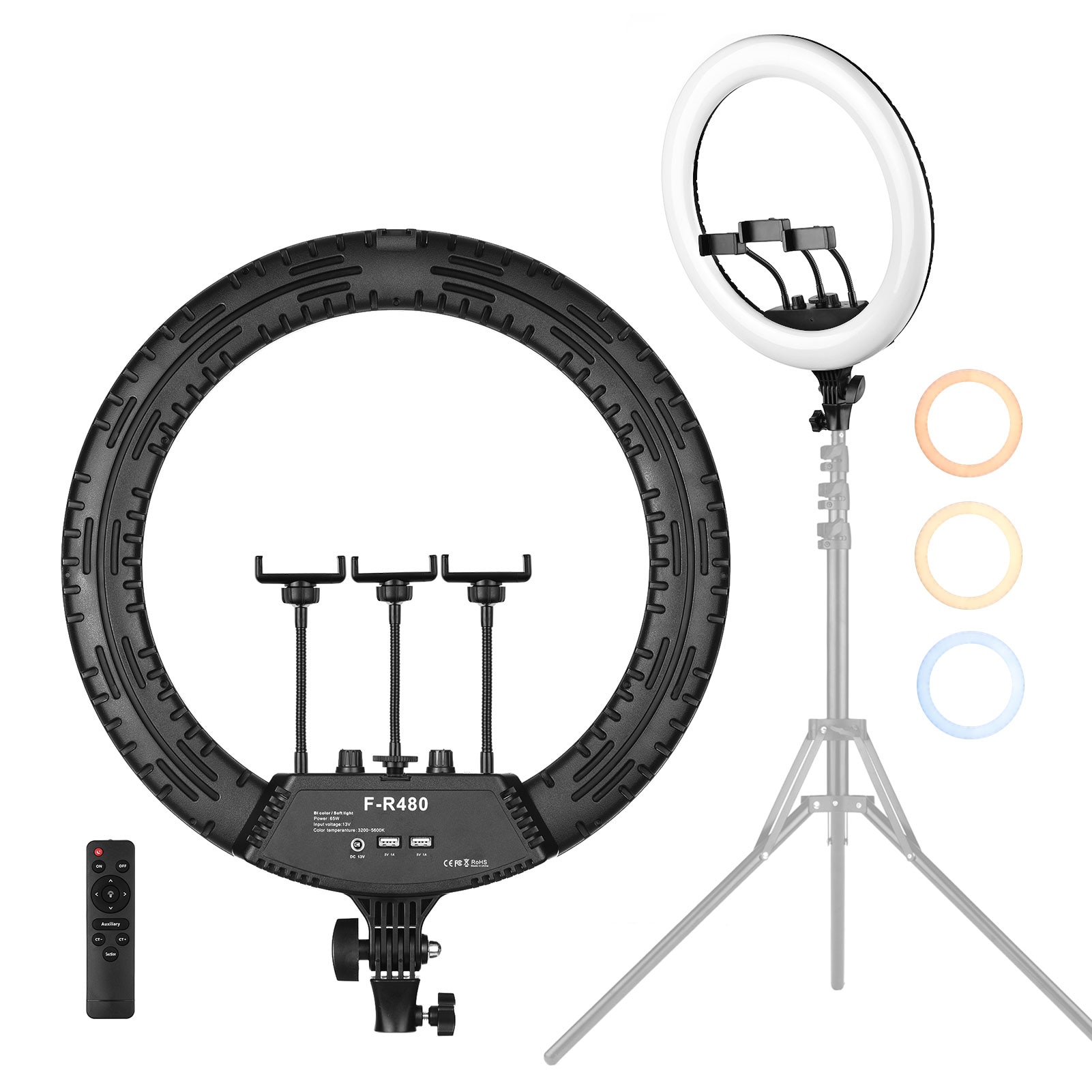 18 Inch LED Ring Light Photography photo Lamp Set Bi-color 3200K-5600K Stepless Dimmable with 3 Phone Holders Remote Control