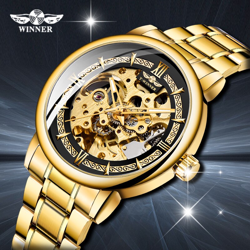 Winnaar Luxe Top Brand Unisex Horloges Automatische Mechanische Hollow Gold Skeleton Volledige Steel Horloges Mannetjes Casual Horloges