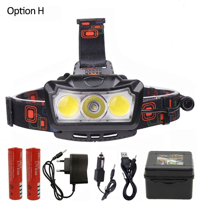 Super Heldere Led Koplamp T6 + 2COB Led Koplamp Koplamp Waterdichte Zaklamp Lanterna Hoofd Licht Gebruik 2*18650 batterij Voor Camping: Option H