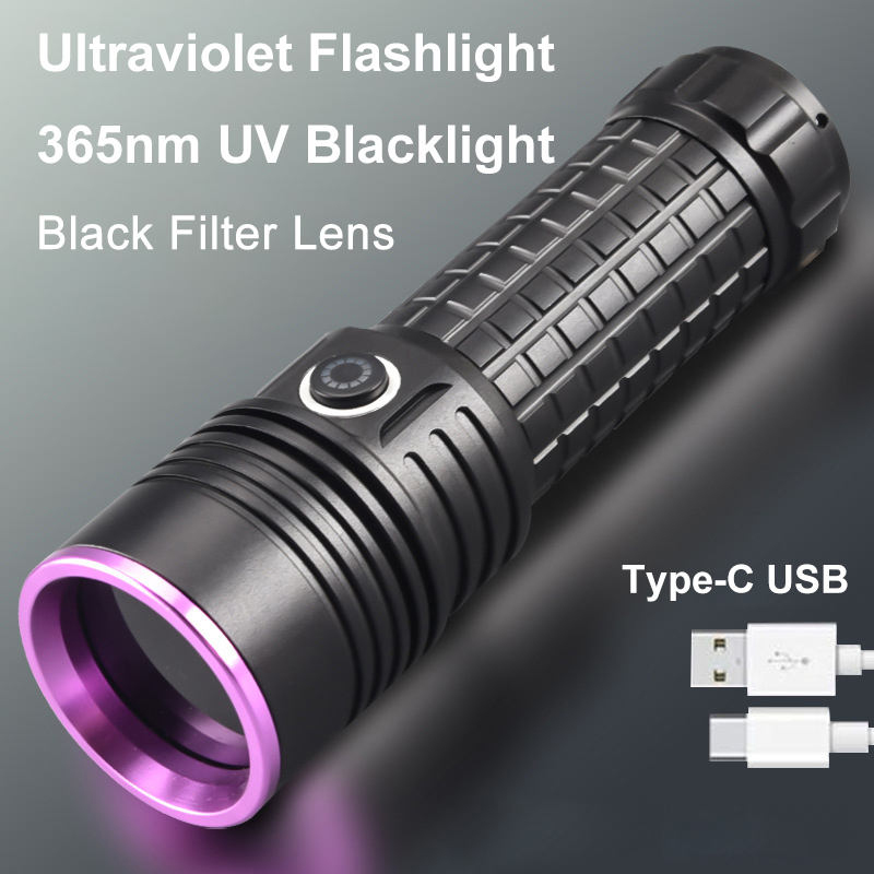 Kraftig 365nm uv-lommelykt svart speil lilla lys 60w fluorescerende oljeforurensningsdeteksjonslommelykt oppladbar 26650 lykter