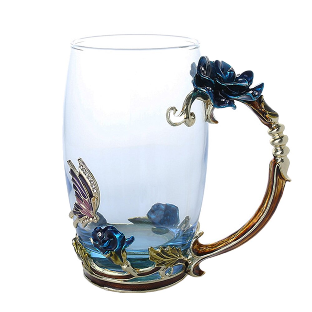 Emalje kaffe te kopp krus 3d rose sommerfugl glass kopper bryllup nyhet utskåret kopp med skje bdf 99: Blå lang uten sp