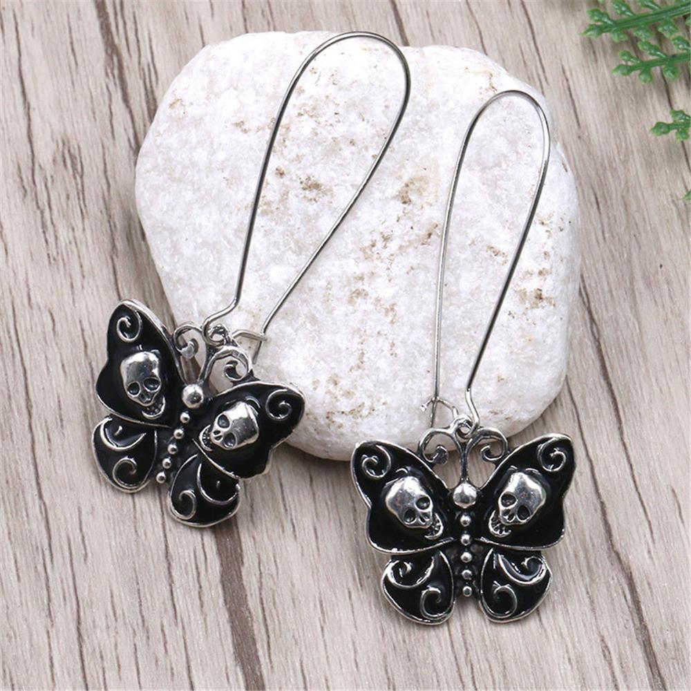 Papillon crâne boucles d'oreilles longues Punk noir papillon crâne cerceau boucles d'oreilles déclaration bijoux pour femmes filles