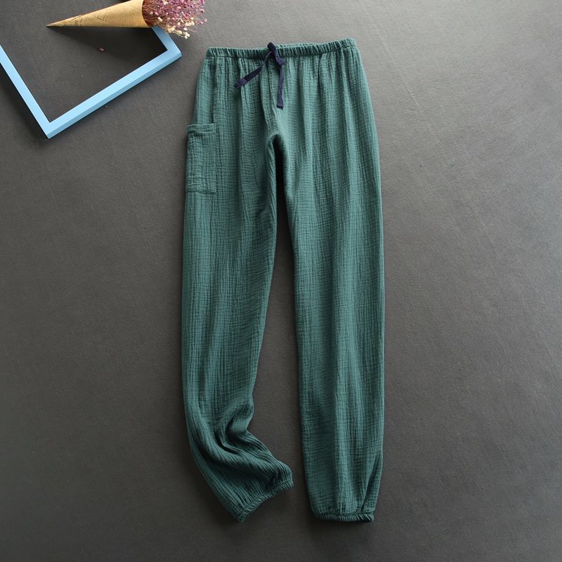 Pantalones de dormir de crepé de algodón para mujer, ropa de dormir de color sólido, pantalones de dormir de cintura elástica, pantalones de noche de salón, novedad de otoño: Dark green / L