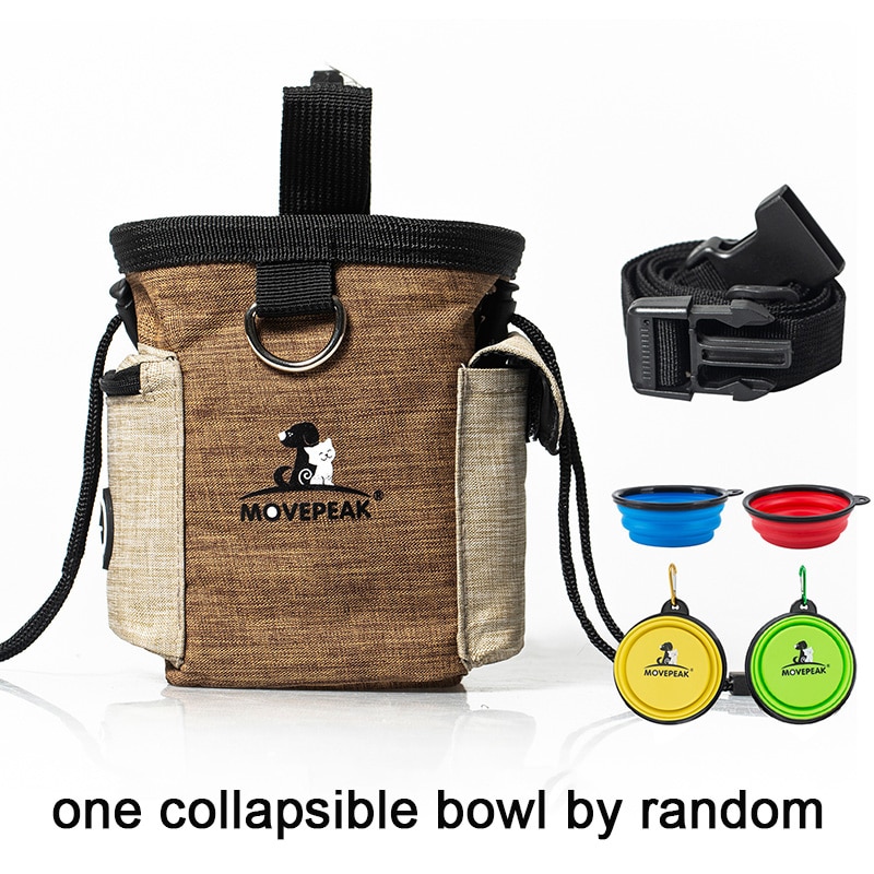 Portable Pet Dog Oxford Portable Pet Training Bag Small Puppy Training Bag Outdoor Feed Food Snack Garbage Waist Bag: Brown with 1 bowl