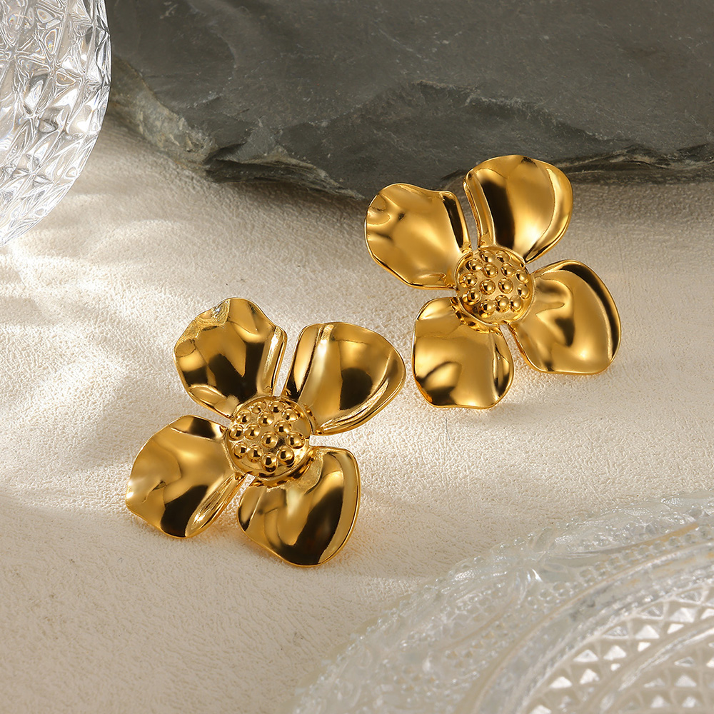 Geometric Flower Stainless Steel Earrings Women Sweet Sunflower Star Gold Color Ear Piercing Jewelry Wedding Accessories: Imitation Rhodium Plated