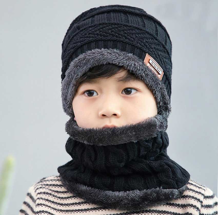 Kinderen winter gebreide muts en sjaal handschoenen set jongen meisjes warme pluche muts 3- delige sets kind outdoor skimuts sjaals effen: Zwarte set van 2 stuks